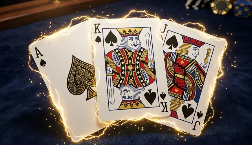 Teen Patti Flash card game: Ace, King, and Jack of Spades fanned with golden lightning glow