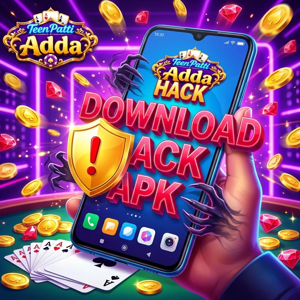 Warning illustration — a smartphone with a "DOWNLOAD HACK APK" button being tapped, while behind the phone shadowy hooks are pulling out a UPI logo, an Aadhaar card, and a credit card.