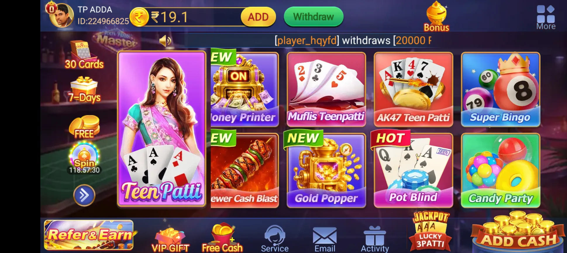 Teen Patti Master game lobby with Teen Patti, slots and casino game tiles