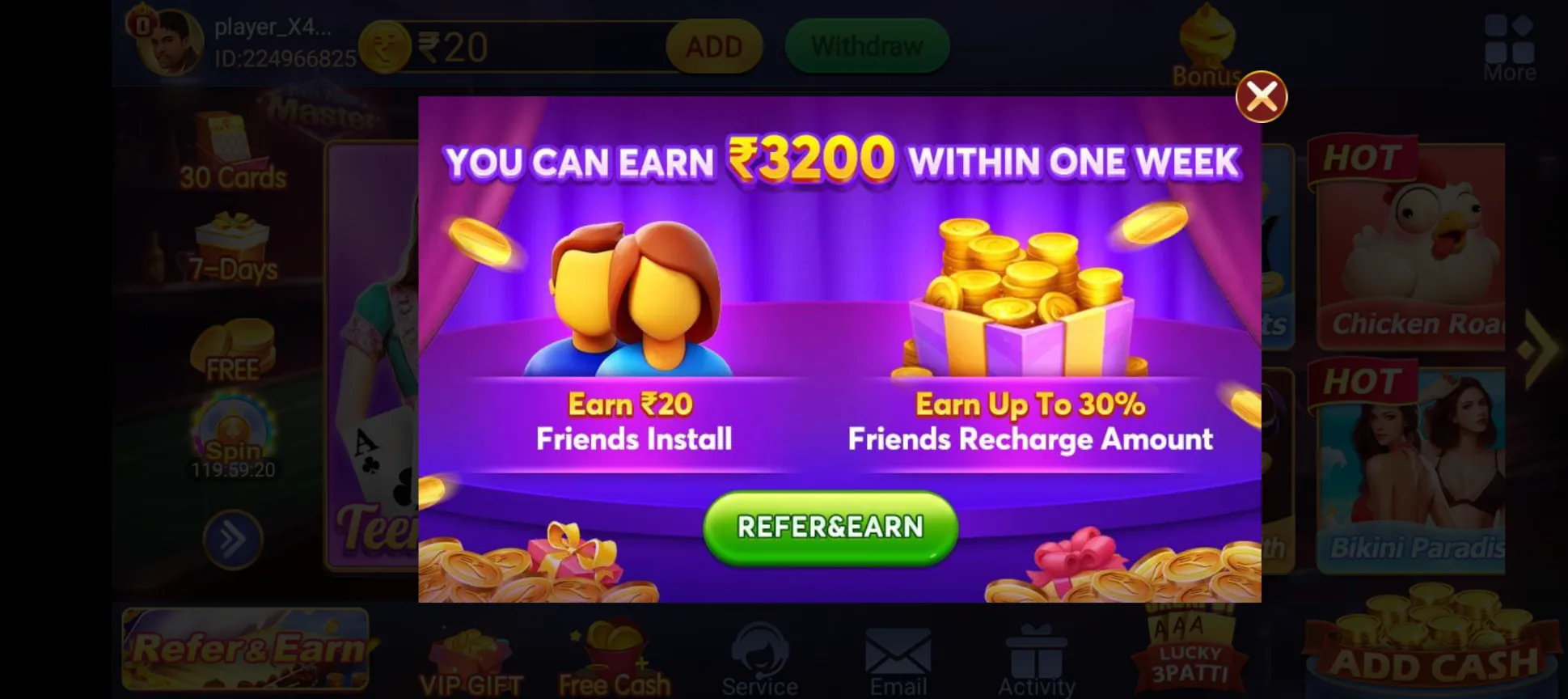 Teen Patti Master Refer and Earn popup promising up to ₹3200 in a week from referrals