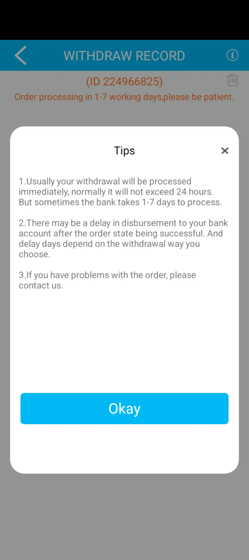 Teen Patti Master withdrawal record screen with a tips popup on processing times