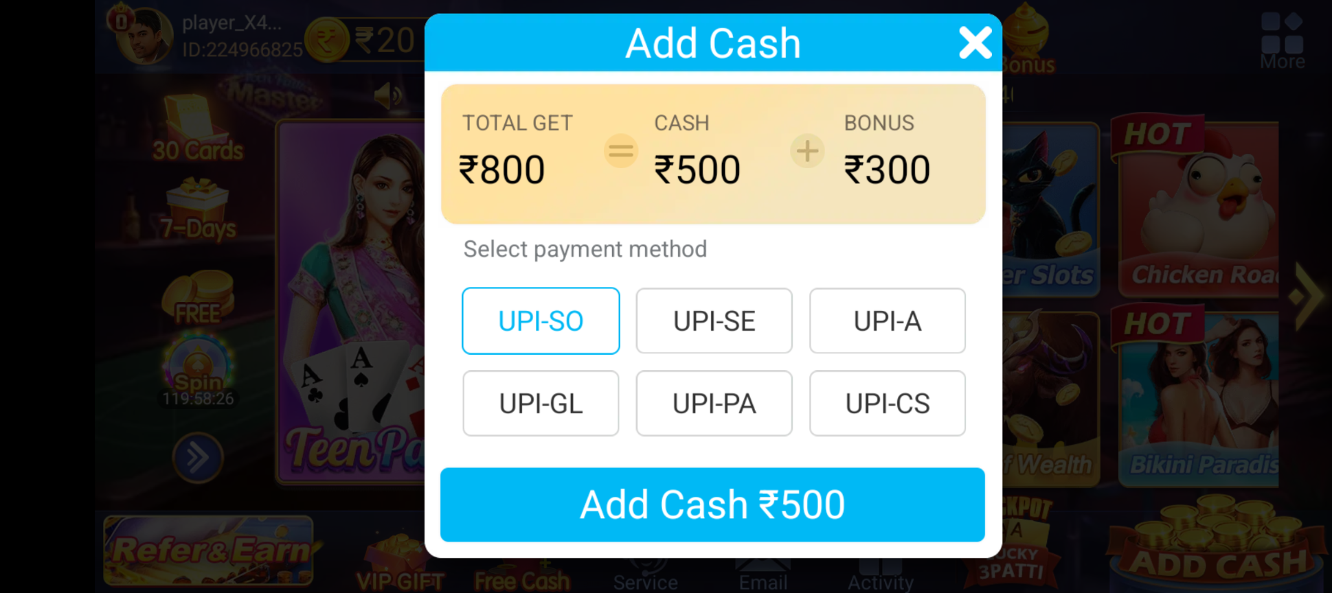 Teen Patti app add-cash screen showing a cash amount, bonus amount, UPI options, and an add-cash button.