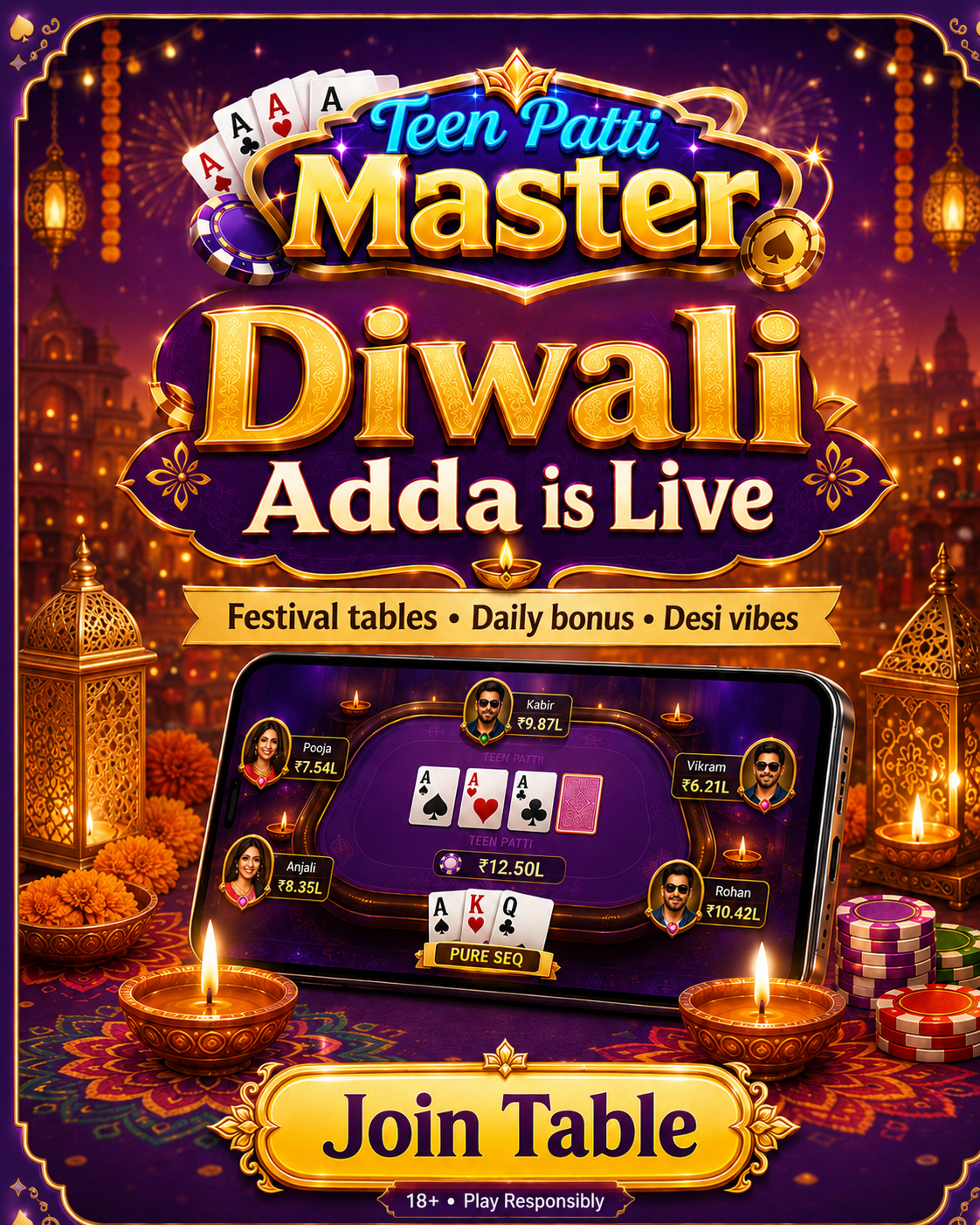 Diwali-themed Teen Patti Master poster with cards, chips, a phone table, and the headline Diwali Adda is Live.