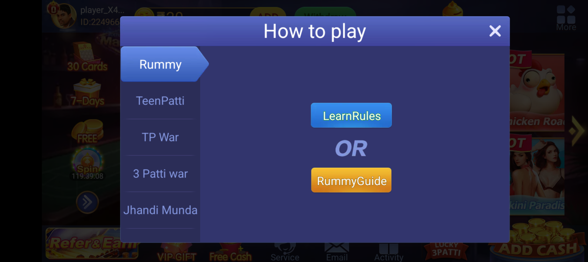Teen Patti app how-to-play menu showing multiple rule and game-mode tabs.