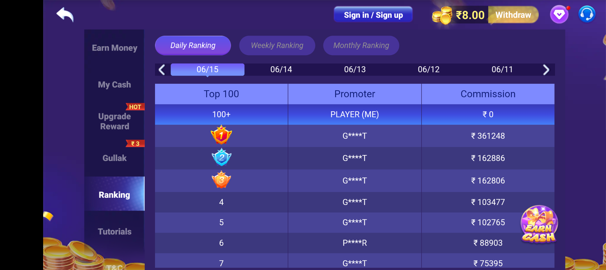Teen Patti leaderboard screen showing ranked players, scores, and reward positions.
