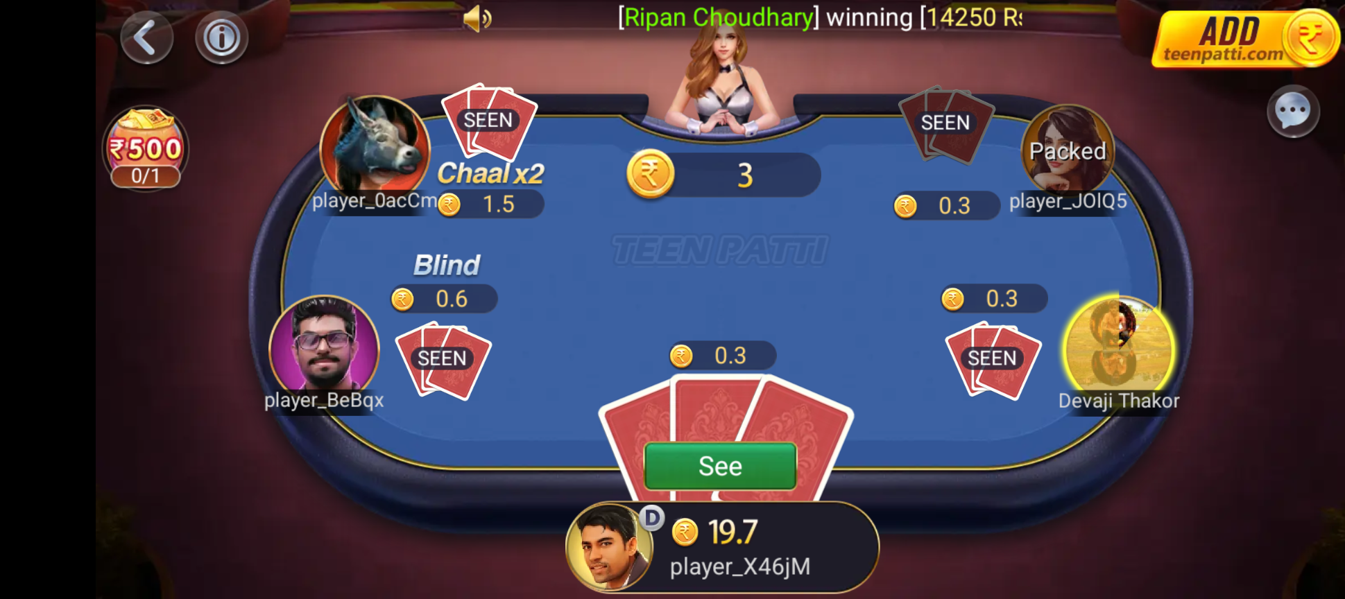 Live Teen Patti table showing blind and seen actions, a central pot, and multiple players in an active hand.