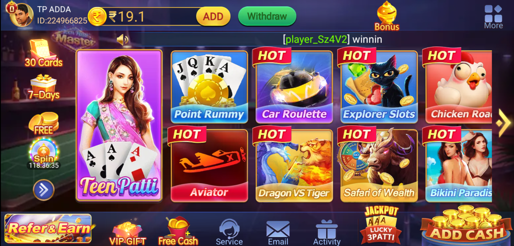 Teen Patti app lobby showing multiple game tiles and promotional panels.
