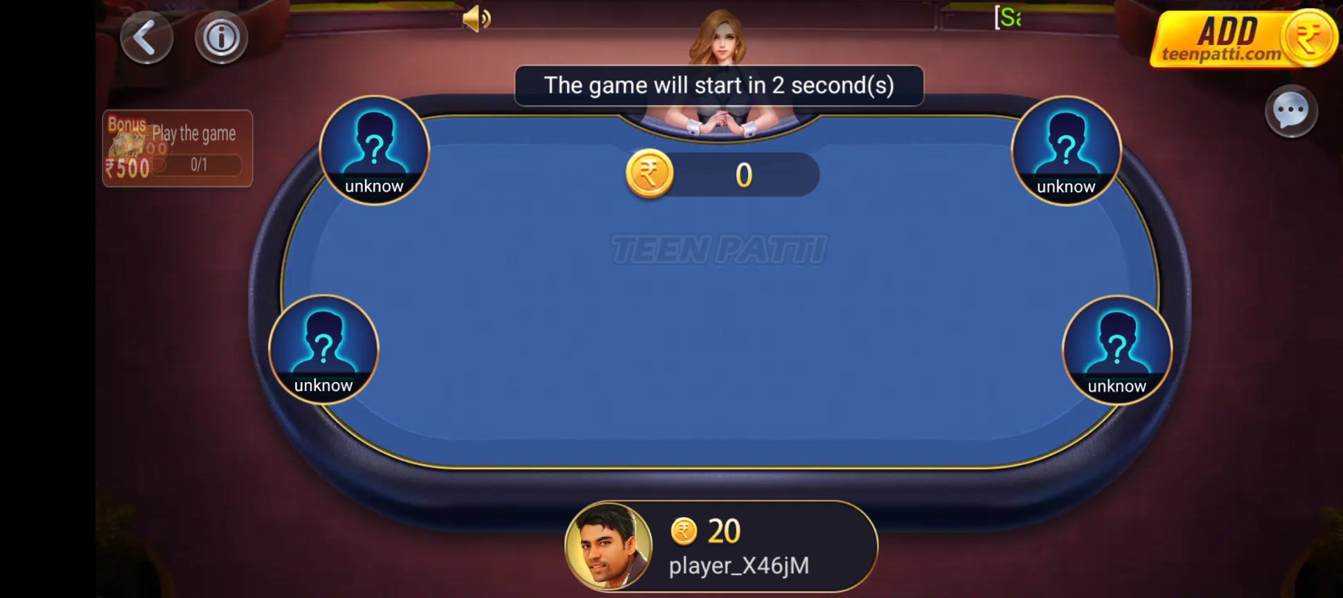 Teen Patti table screen with seated players and a countdown before the next hand.