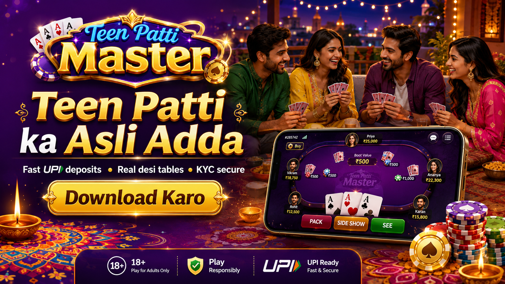 Teen Patti Master promotional screen showing a phone table, friends, UPI, KYC, and a live dealer-style app layout.