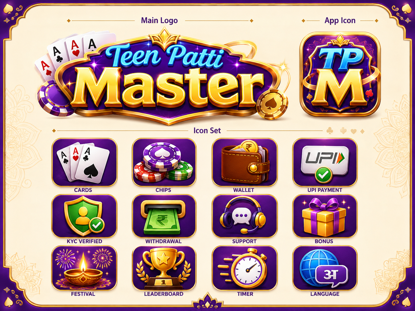 Teen Patti Master branded board showing cards, chips, app icon, and feature badges around the Teen Patti name.