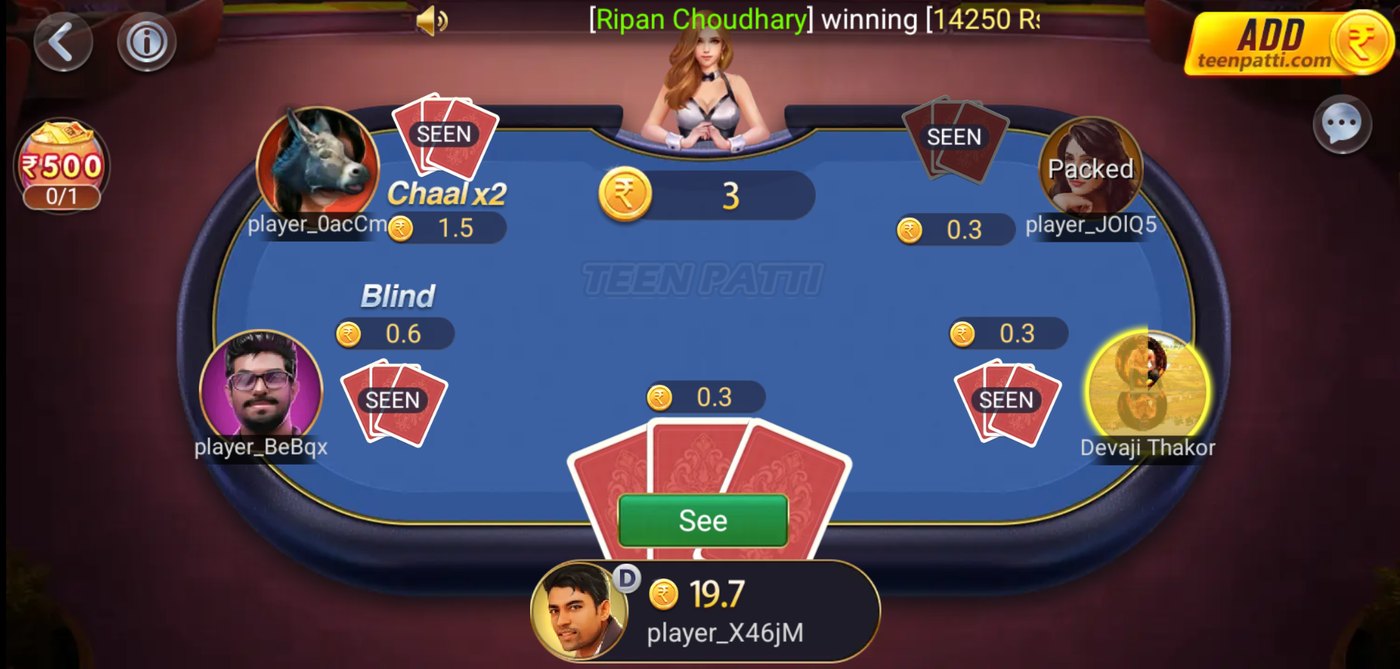 A live Teen Patti table showing blind, seen, chaal, packed, and pot labels during a hand.