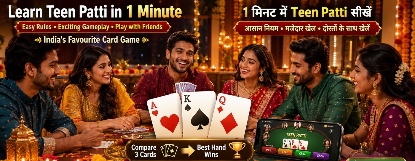 A beginner-friendly Teen Patti overview showing three cards, the best-hand-wins idea, and app buttons for pack, seen, chaal, and show.